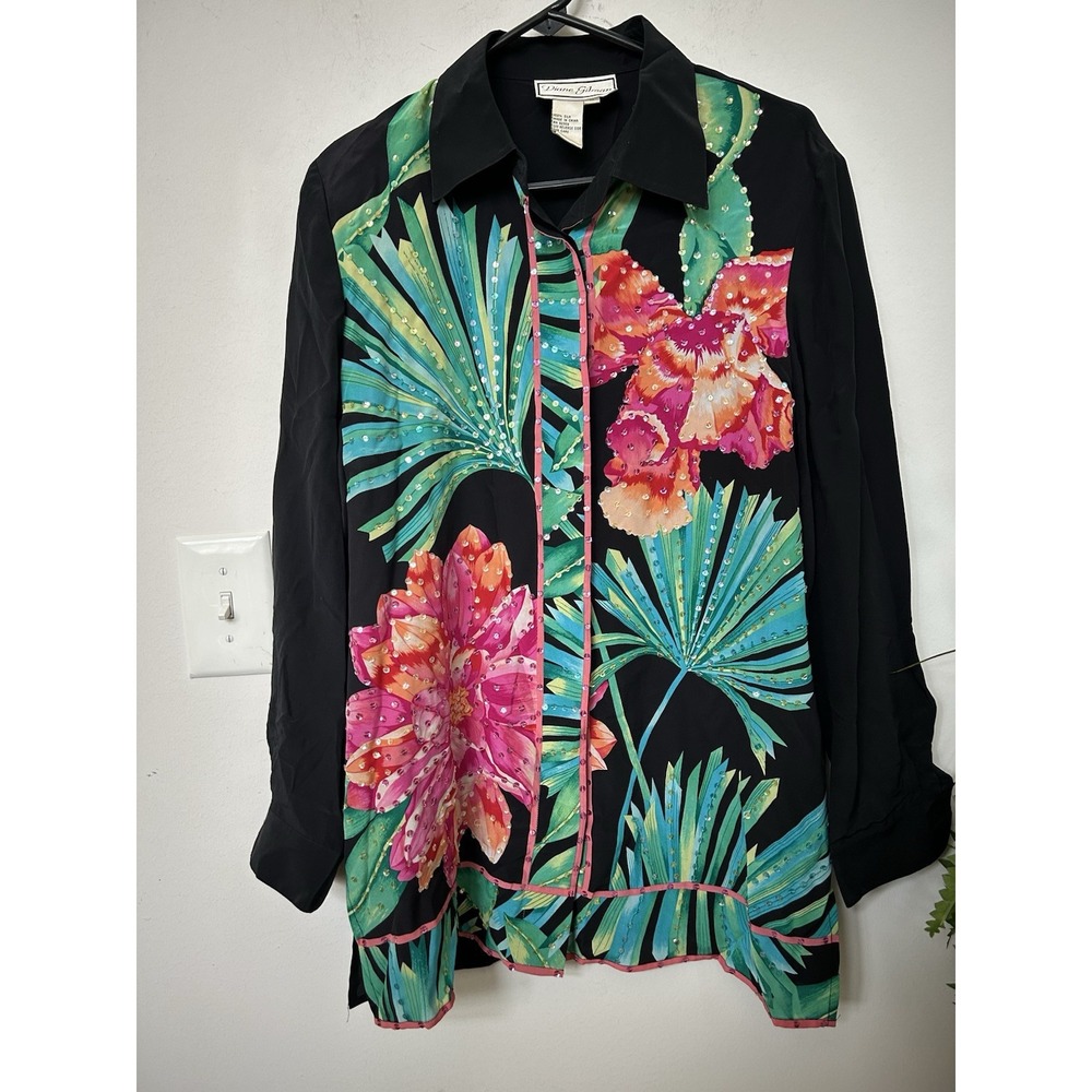 Diane Gilman Womens Vintage Silk Blouse Sequin Floral Art to Wear Statement Sz M